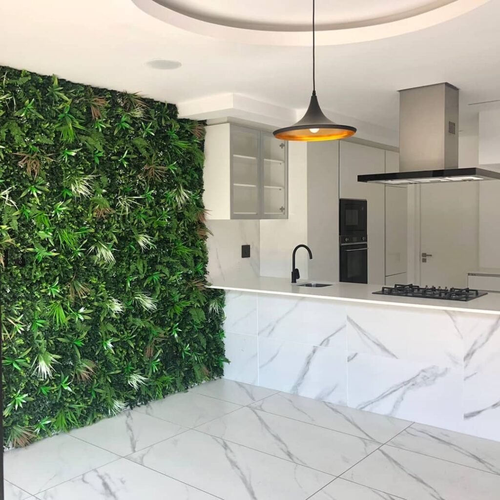 Kitchen using EasyIvy artificial foliage for a green wall