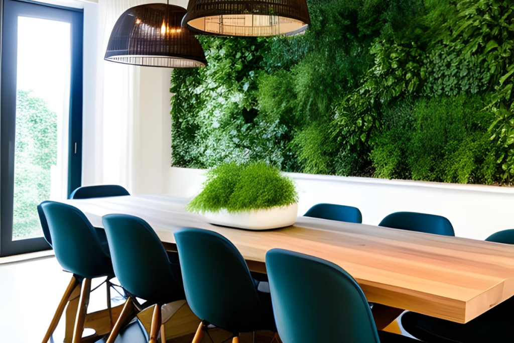 Lush accent walls Bringing nature indoors with EasyIvy in a beautiful modern dining room with a large wooden table and large windows